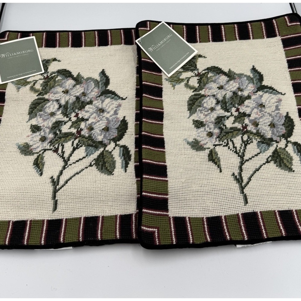 C & F Home Williamsburg Wool Needlepoint Dogwood Flowers Pillow Cover  VTG Set/2